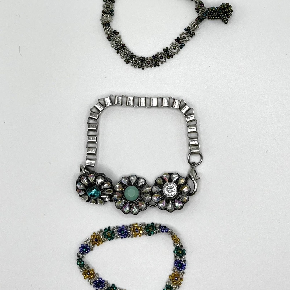 3 Vintage Flower Bracelets Bundle Intricate Details in Beads and Carved Stone